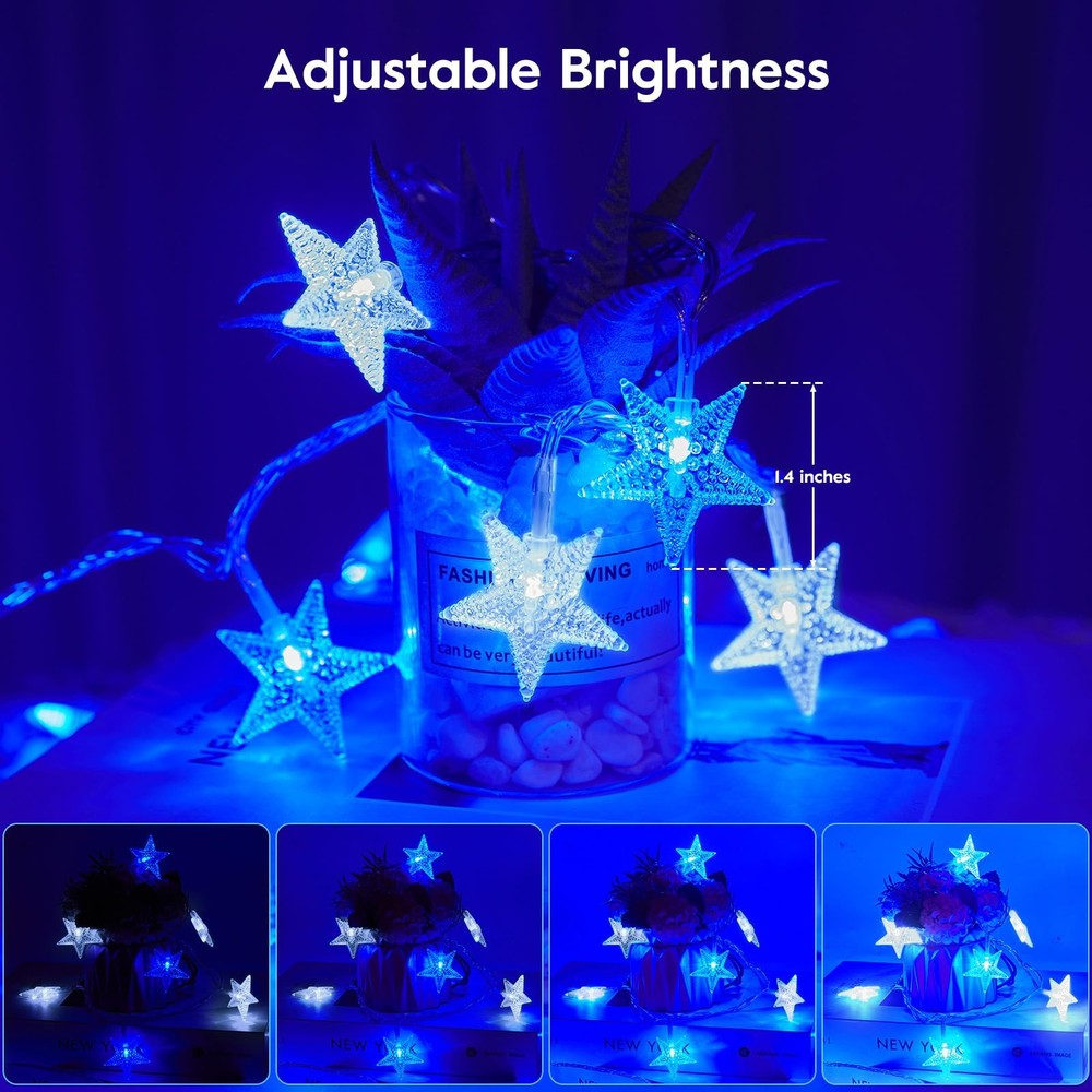 33Ft Blue Led Star String Lights With Remote Control And 8 Lighting Modes