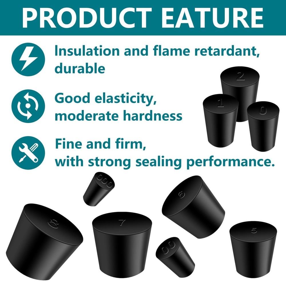 Black 22Pcs Solid Rubber Stoppers，Lab Plug 000#-8# Sizes Tapered Lab