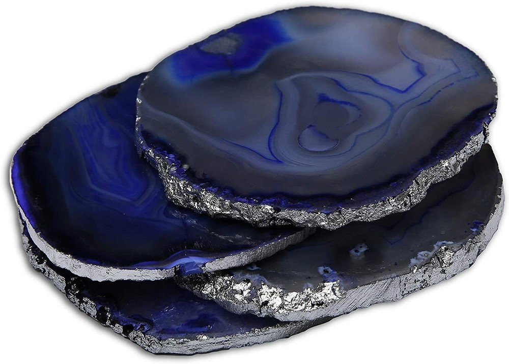 Blue Agate Coasters for Drinks - Set of 4 - Modern Silver Edge Stone Geode