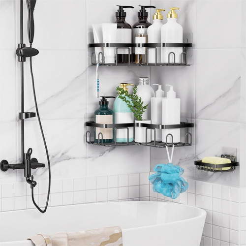 Moforoco Corner Shower Caddy Shelf Organizer Rack, Self Adhesive Black