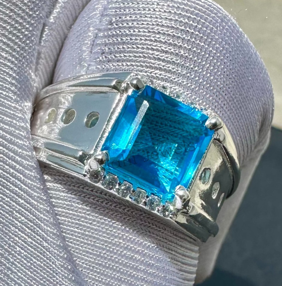 Blue Topaz Men's Ring Solid 925 Sterling Silver Statement Ring, All Size