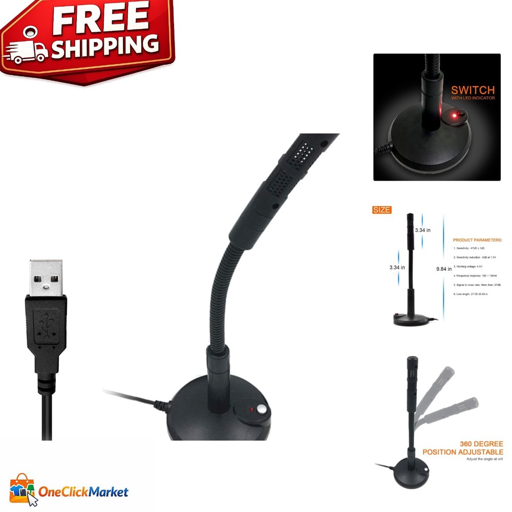 Plug-and-Play USB Desktop Microphone with LED Mute Control & Adjustable Stand