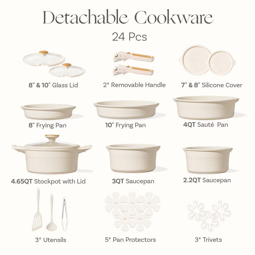 Carote 24pc Nonstick Cookware Set with Detachable Handle White