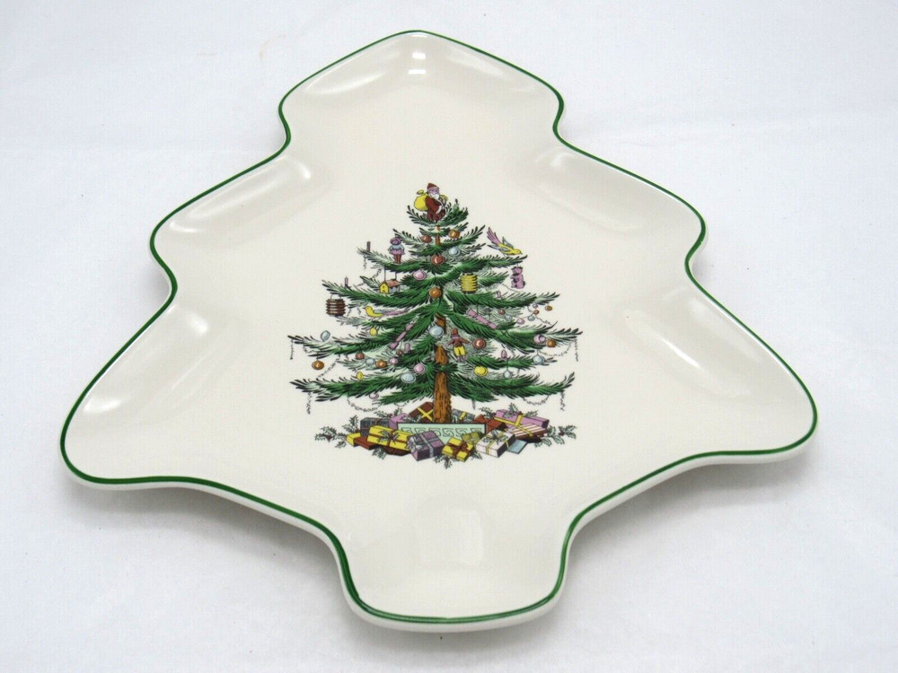 Spode Christmas Tree Shaped Candy Nut Dish Plate Green Trim 9"