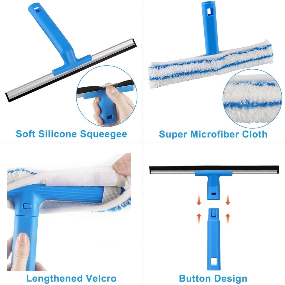 57" Window Cleaner Squeegee & Microfiber Scrubber Long Handle Glass Washer Tool