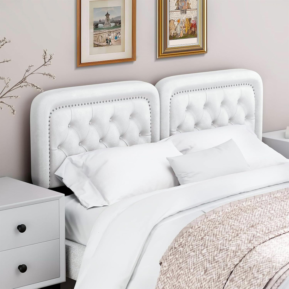Tufted King Size Upholstered Headboard Button Adjustable Height Solid Wood Beige