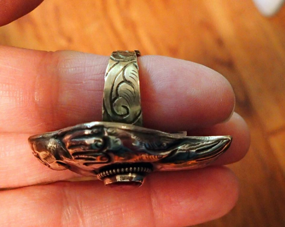 Tibetian Silver Bird Coral Ring adjustable fit