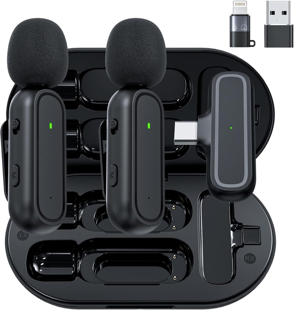 1Pack Wireless Lavalier Microphone for iPhone 15 Android 2TX+1RX & Charging Case