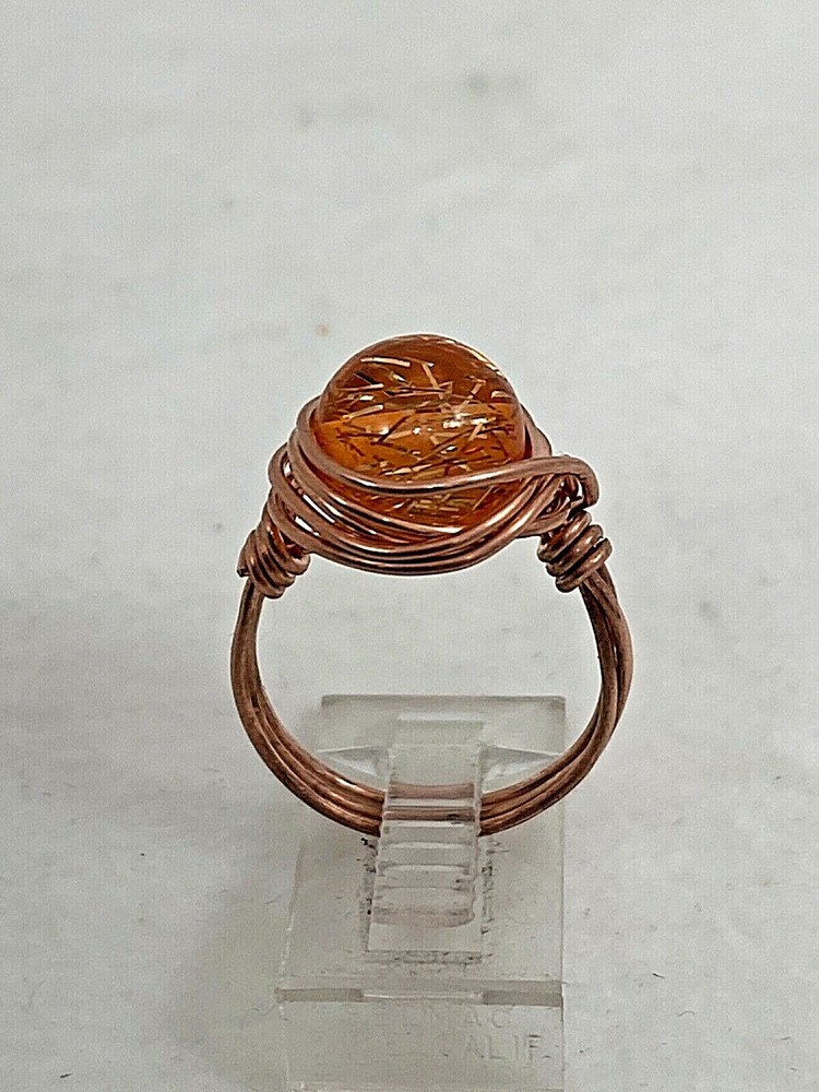 Handmade ~ Copper Wire Wrap ~ Orange Tone Glass Bead Ring Size 7 #183