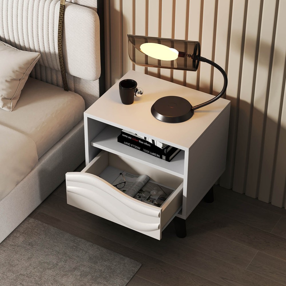 2PCS Nightstand w/Drawer 3D Wavy Pattern Open Shelf Small Sofa Couch Side Table