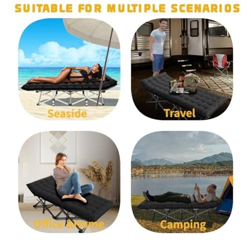 Oversized XXL Folding Camping Cot W/Mat for Black With Comfortable Mattress