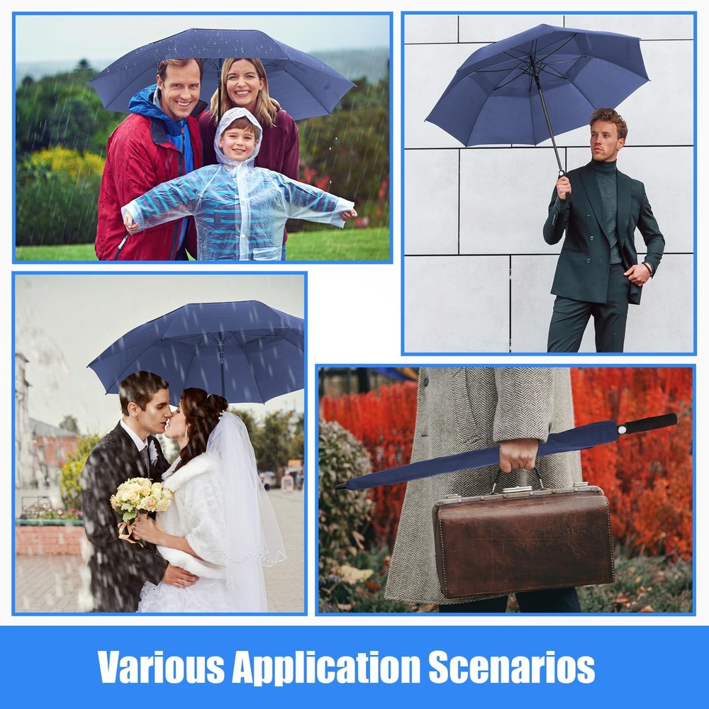 Golf Umbrella 10 Pcs 62 Inch Automatic Open Double Canopy Windproof Dark Blue
