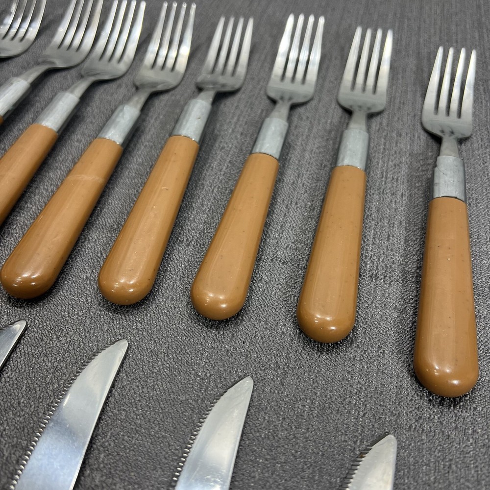 Vintage 20 Piece Butterscotch/Brown Plastic Handles Stainless Flatware