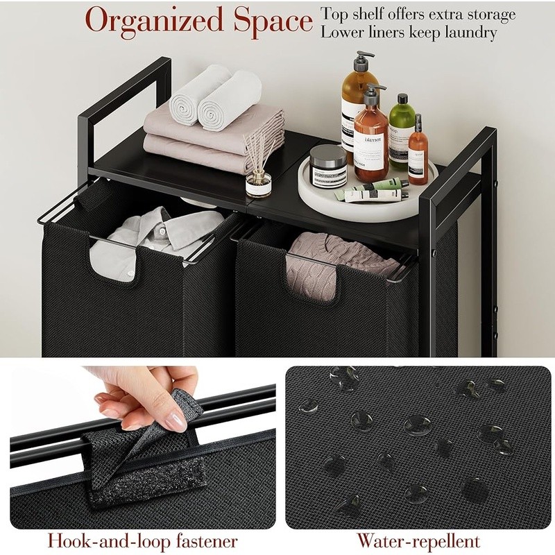 Laundry Basket Organizer 2 Removable Bags Pull-Out Design Laundry Hamper Shelf