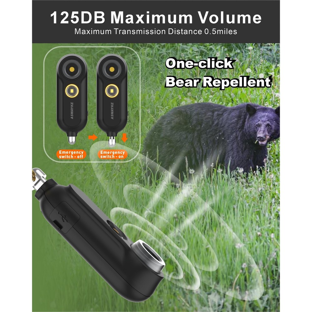 125dB Rechargeable Bear Horn,IPX5 Waterproof & LED Flashlight Bear Deterrent Dev