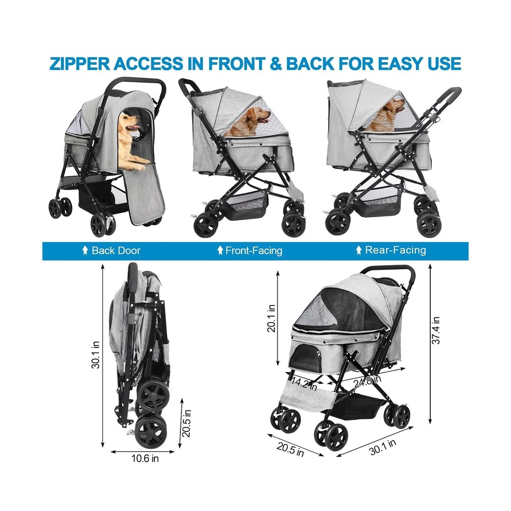 Dog Stroller for Large Medium Dogs & Cats with Reversible Handle, Foldable Pe...