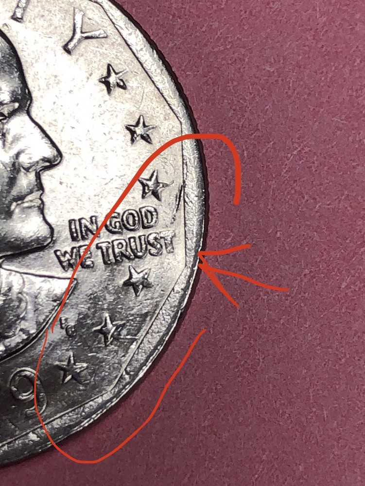 1979 P Susan B Anthony Dollar, Strike Error, Mint Mark Heavy “P”, Edge Error