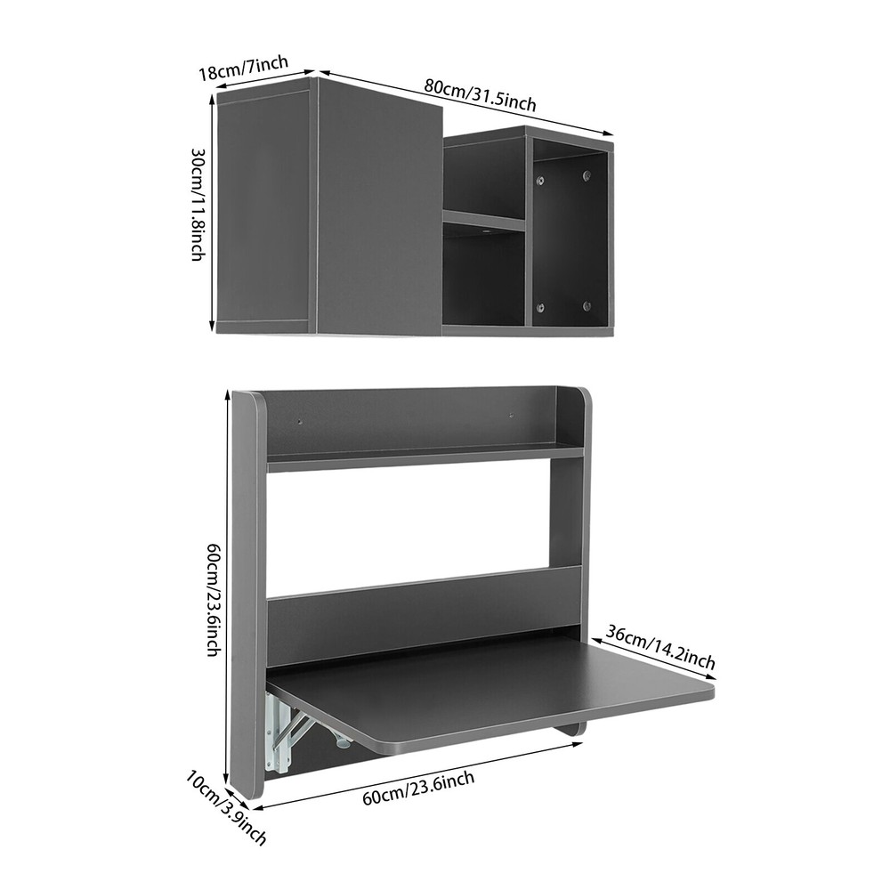 Folding Space Saving Wall Mounted Bookshelf, Fold Down Laptop Desk Workstation