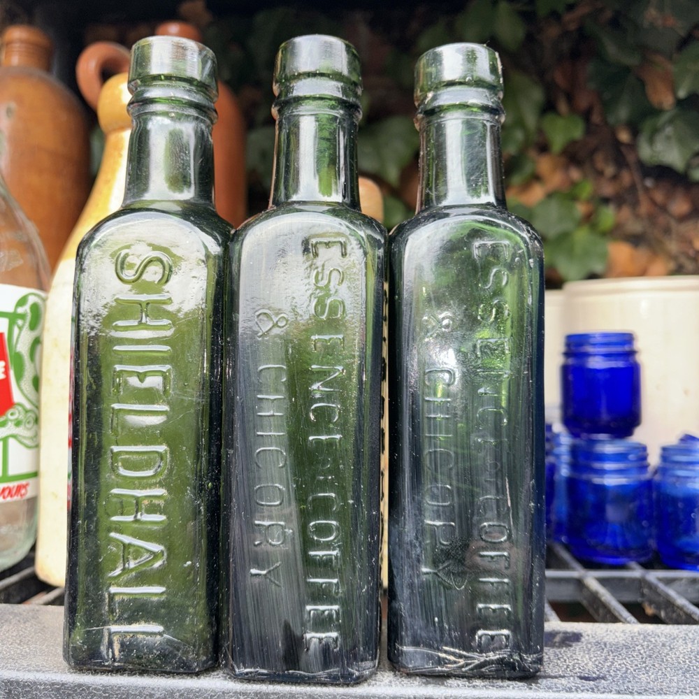 Three green  coffee and chicory bottle