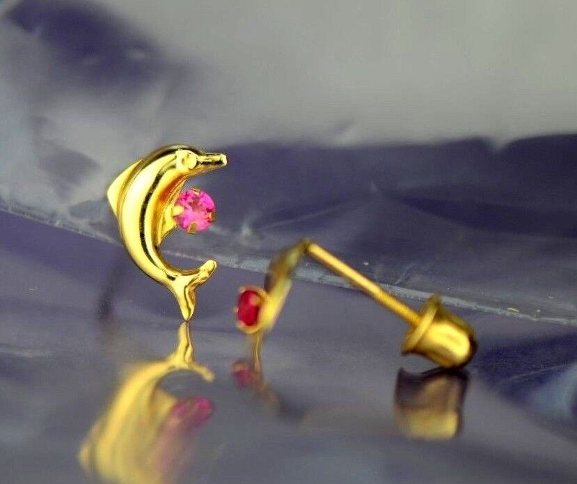 14k yellow gold dolphin earrings stud cz