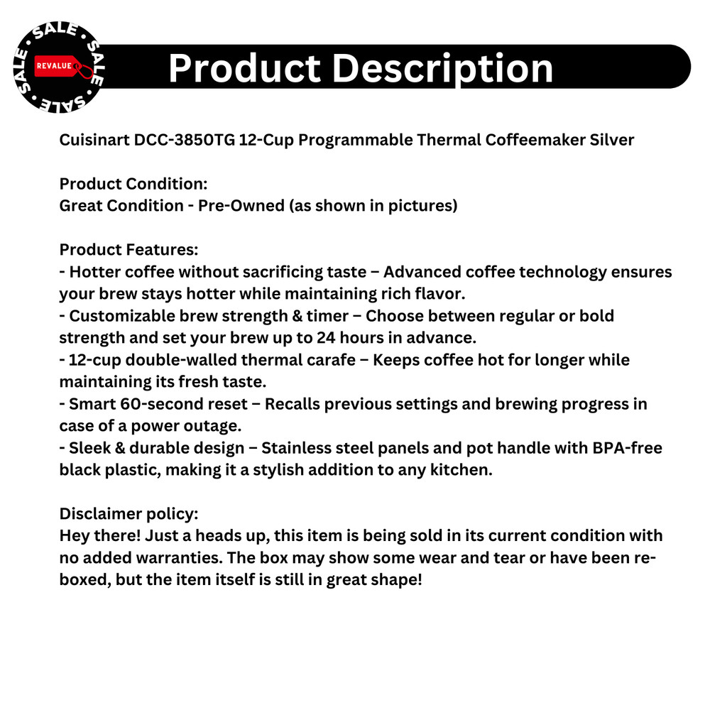 Cuisinart DCC-3850TG 12-Cup Programmable Thermal Coffeemaker Silver