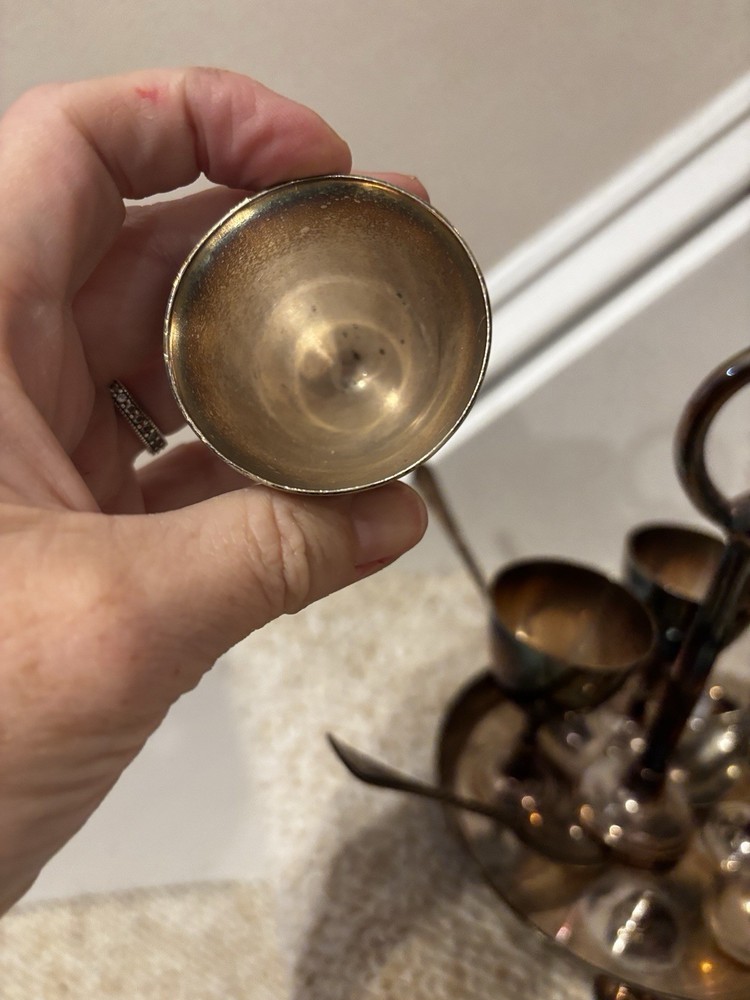 Antique Silver Plated 4 Egg Cups Holder Set With Spoons