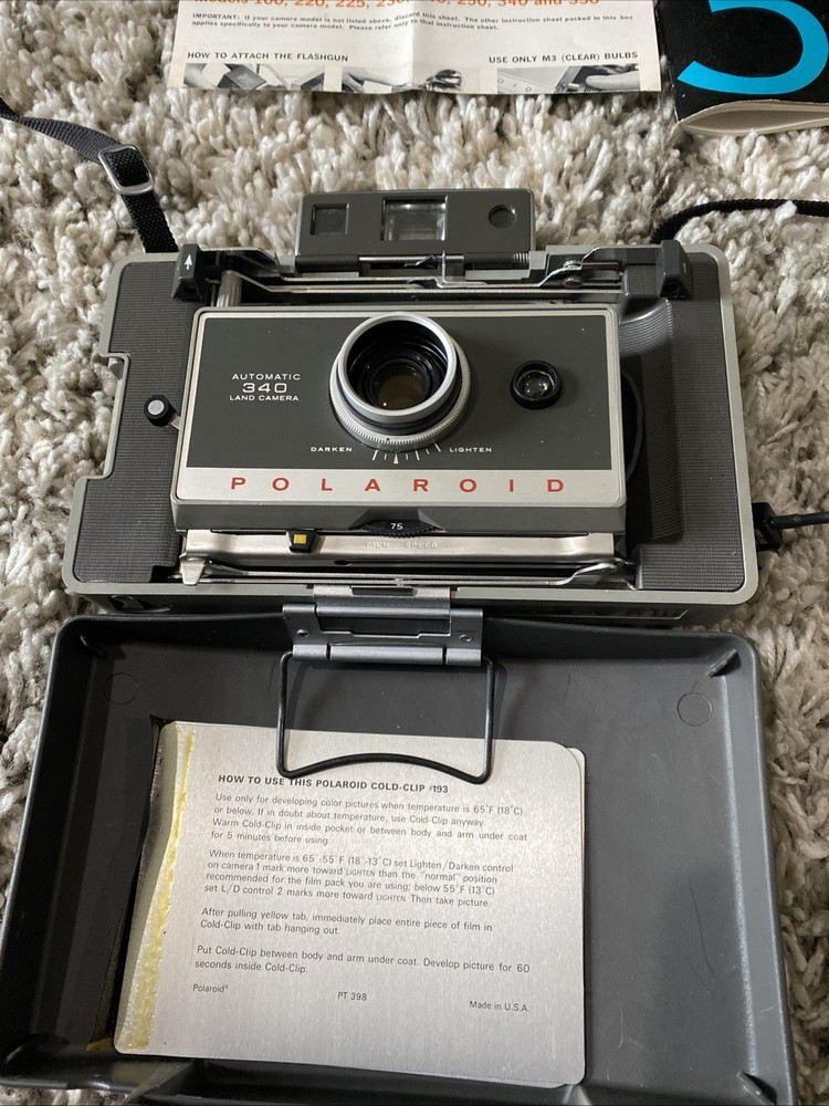 Vintage Polaroid Land Camera Model 340 Complete W/ Case, Flash, Manual Untested