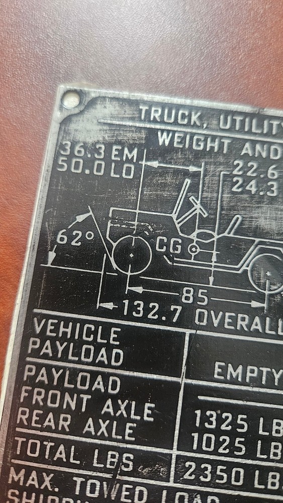 Original Very Early M151 data plate Original Military Issue ~8" Tall