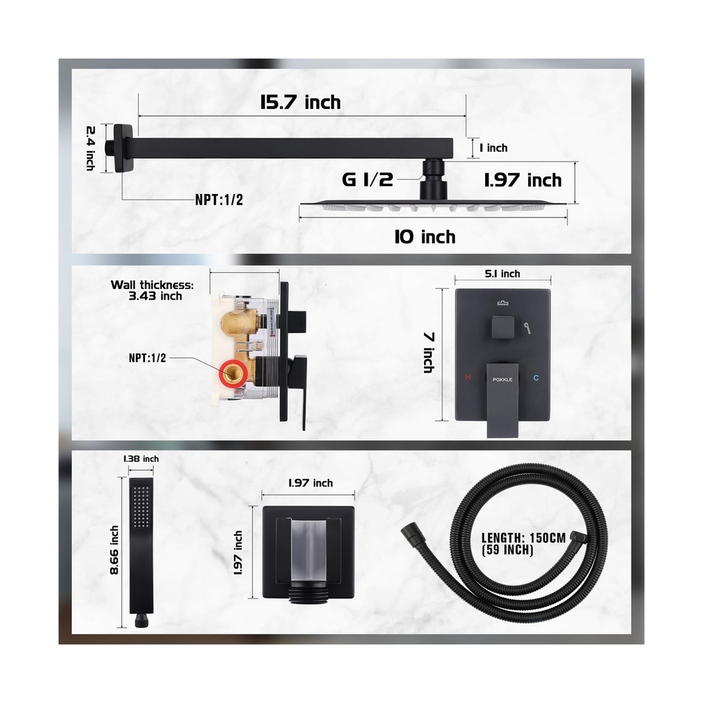 10 Inch Rainfall Shower System - Wall Mounted Complete Combo with Solid Brass...