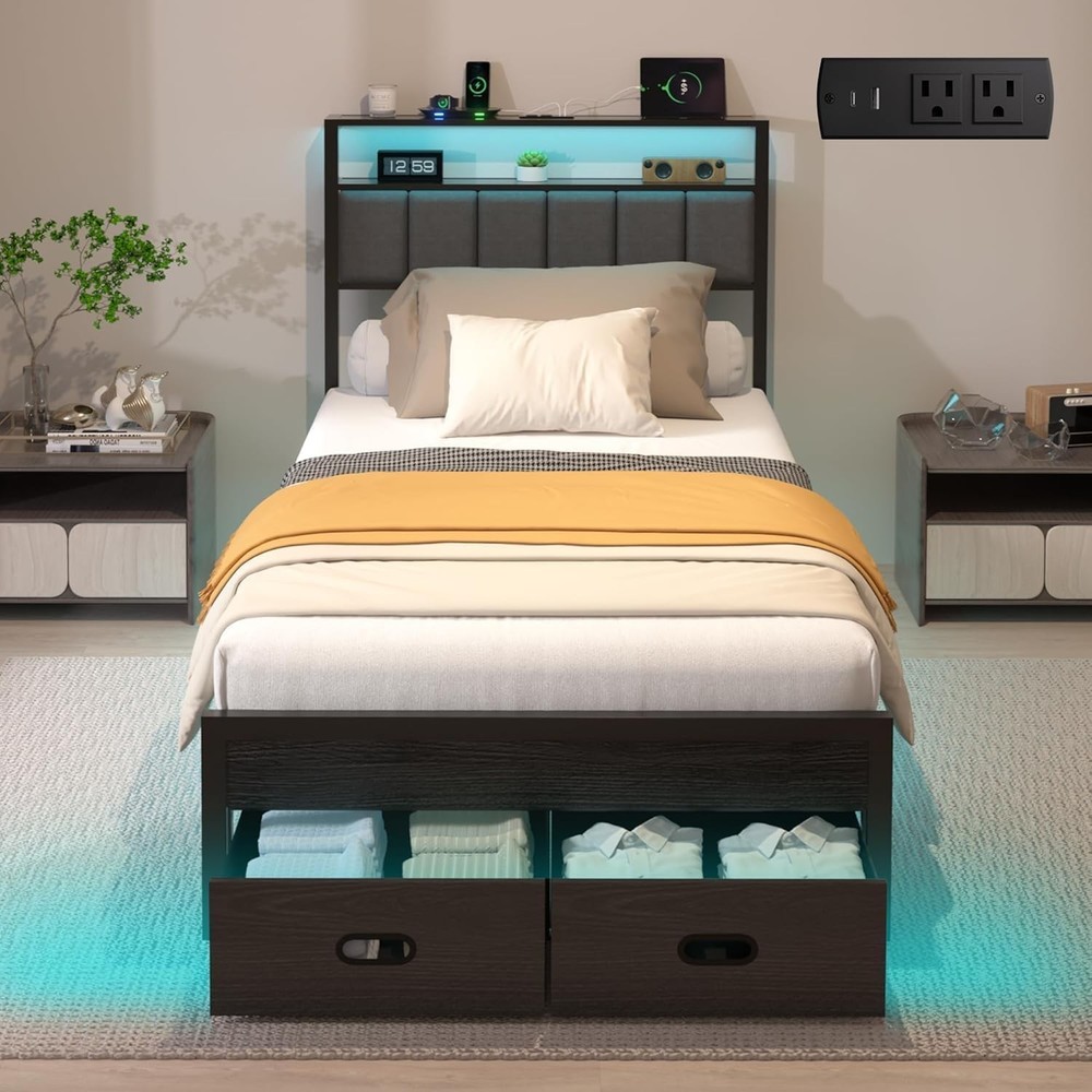 Twin Bed Frames with Storage Drawer, Platform Bed with Charging Station and L...