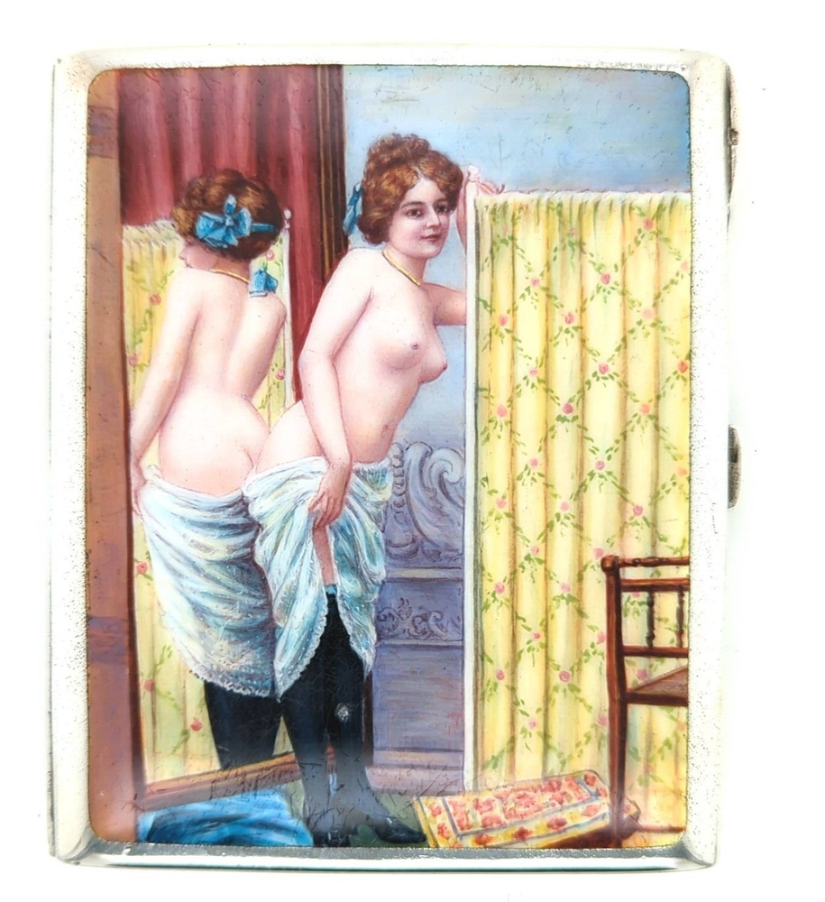 Silver and Enamel Cigarette Case with Erotic Scene