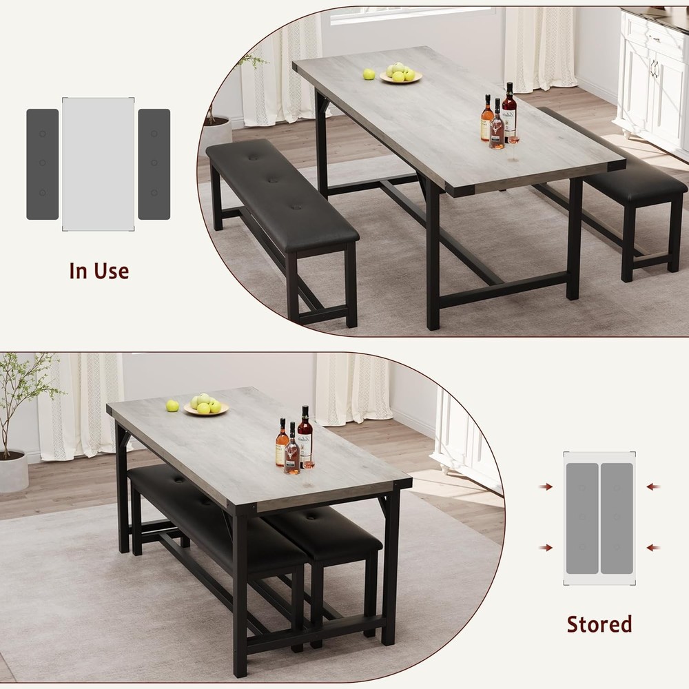 63 in Extendable Dining Table Set for 4-6 People 3-Piece Kitchen Table Set Gray