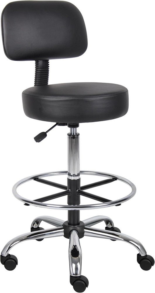 Durable Black Vinyl Drafting Stool with Adjustable Height & Plush Back Support
