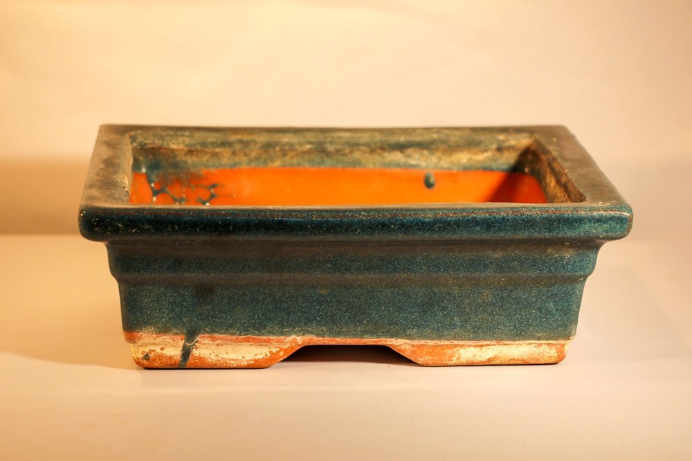 Blue green glazed terracotta shallow rectangular bonsai planter 7 x 5