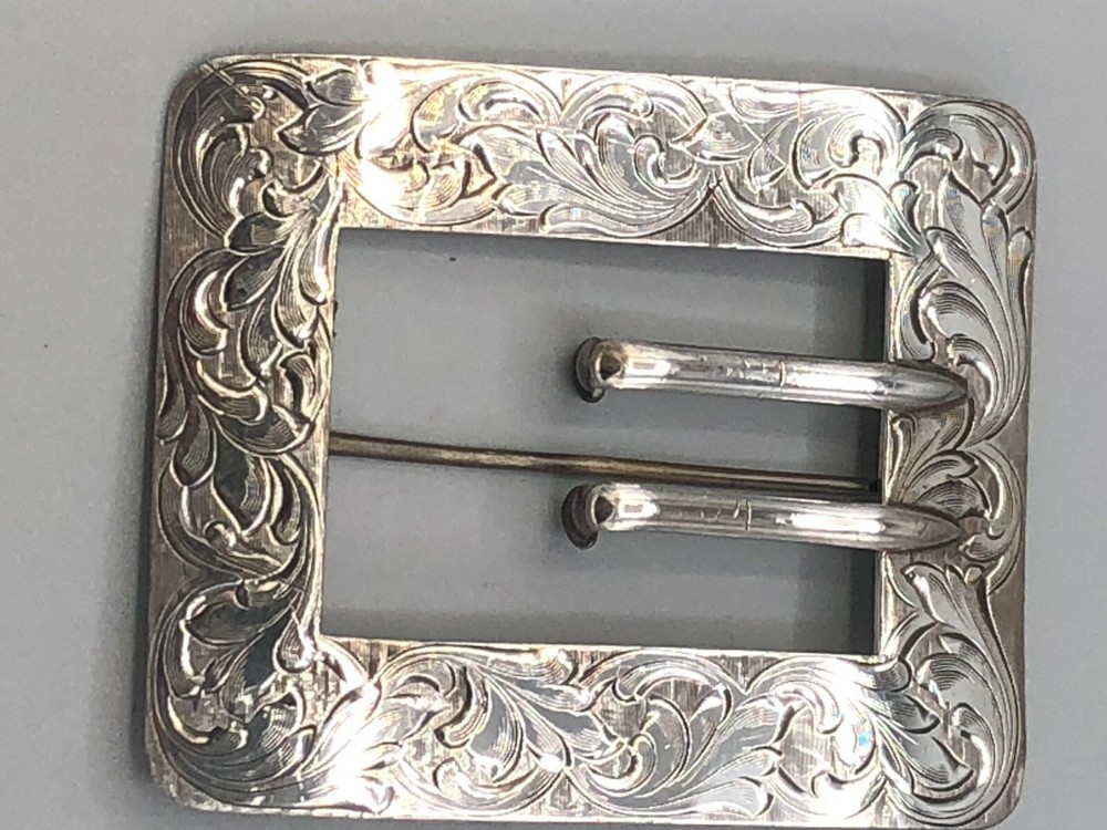Antique Rectangular Sterling Silver Sash/ Buckle, engraved design 3" x 2 3/8"