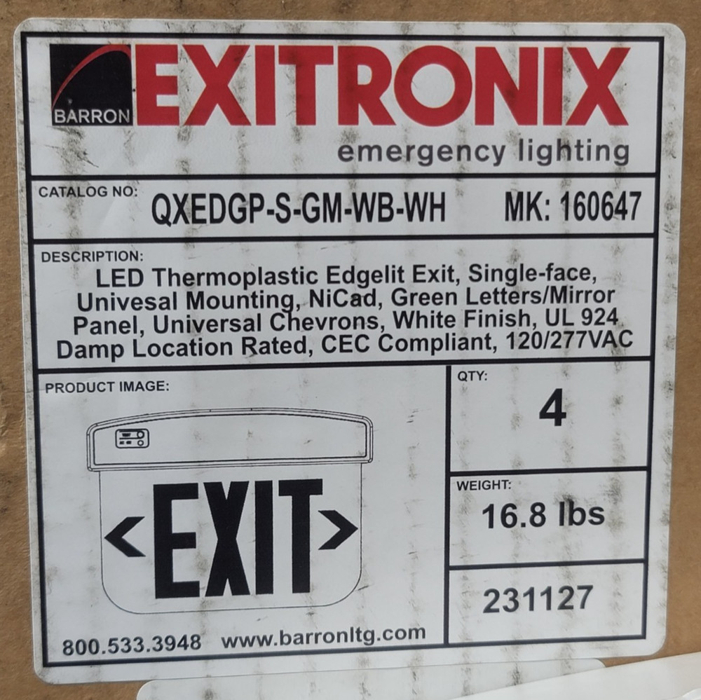 4 Exitronix Emergency Lighting Barron LED Thermoplastic Edgelit Exit Sign