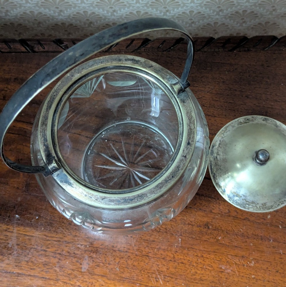 Antique Cut Glass Biscuit Jar Silverplate Lid & Handle