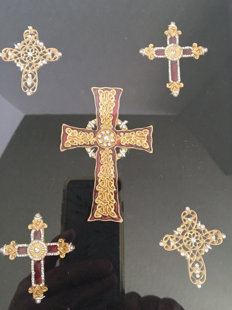 Enameled Christianity Crosses Mounted In Shadow Box Frame