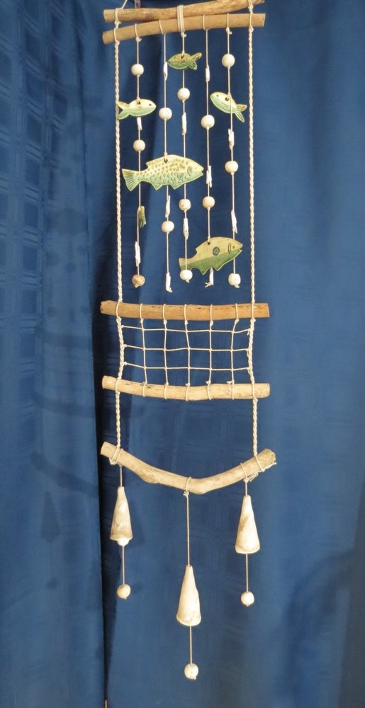 Ceramic Hanging Fish Decor Nautical Beach Wind Chime Driftwood Shells 44 “ Long!