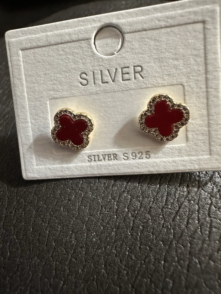 Sterling Silver 925 Red Clover Stud Earrings with bonus ring