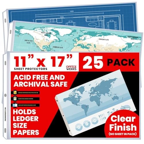 11 x 17 Sheet Protectors, Landscape View, 25 Pack, Side Loading, Protect,
