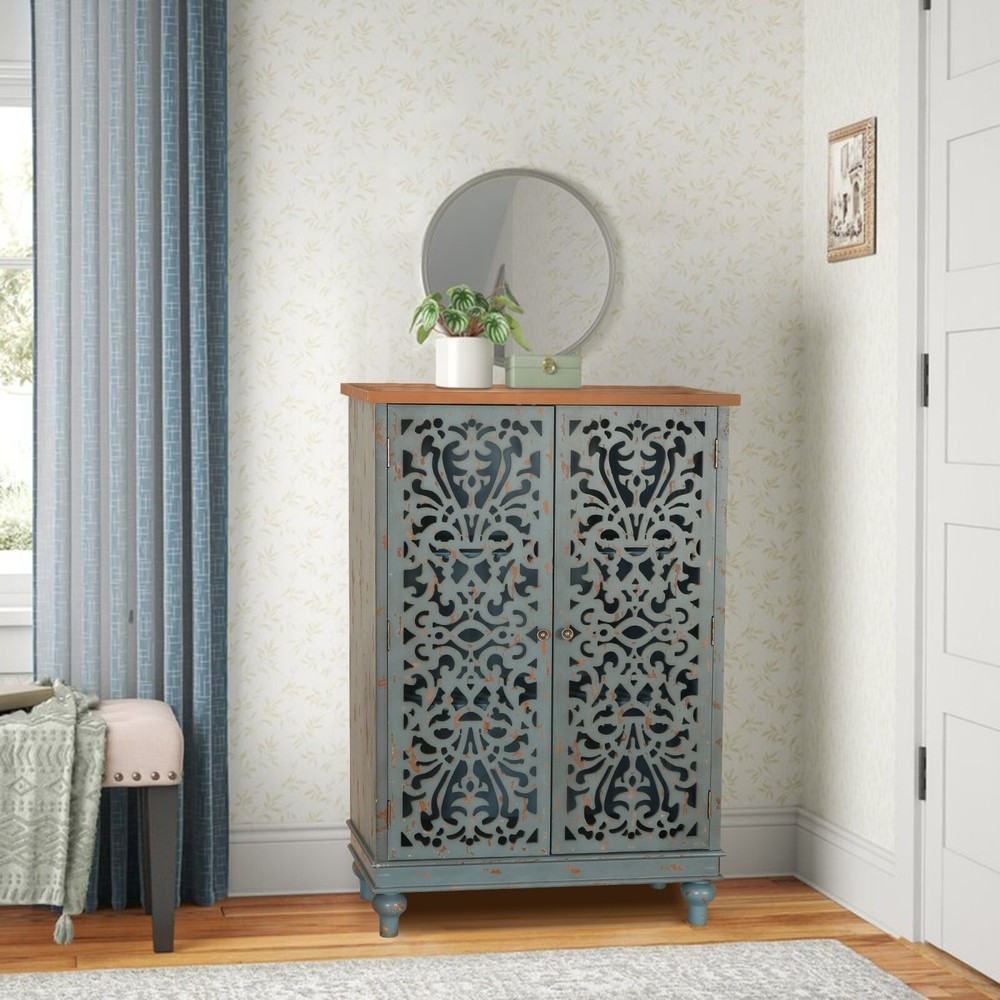 PHI VILLA 47.4" Tall Accent Distressed Cabinet Storage 2 Doors Handmade Rustic