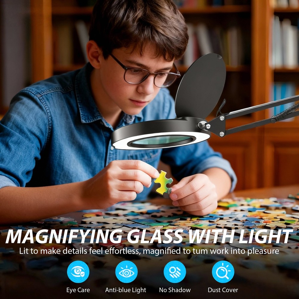 15X Magnifier Lamp with Protective Cover Adjustable LED Light for Precision Work