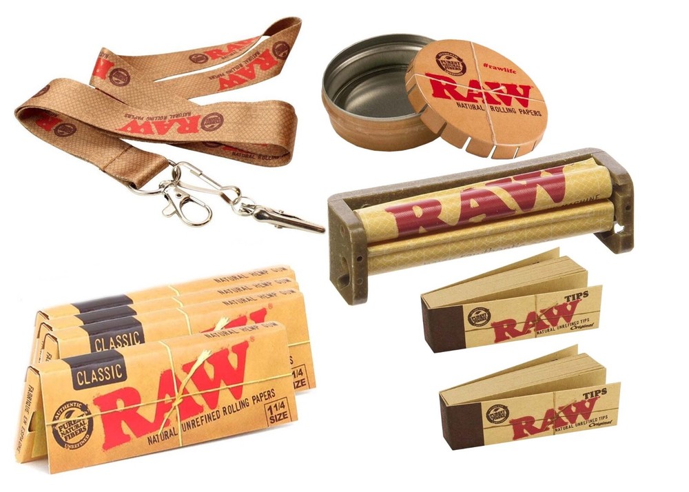 Authentic Raw Rolling Paper 11/4 Size Bundle, Roller+Papers+Tip+Tin