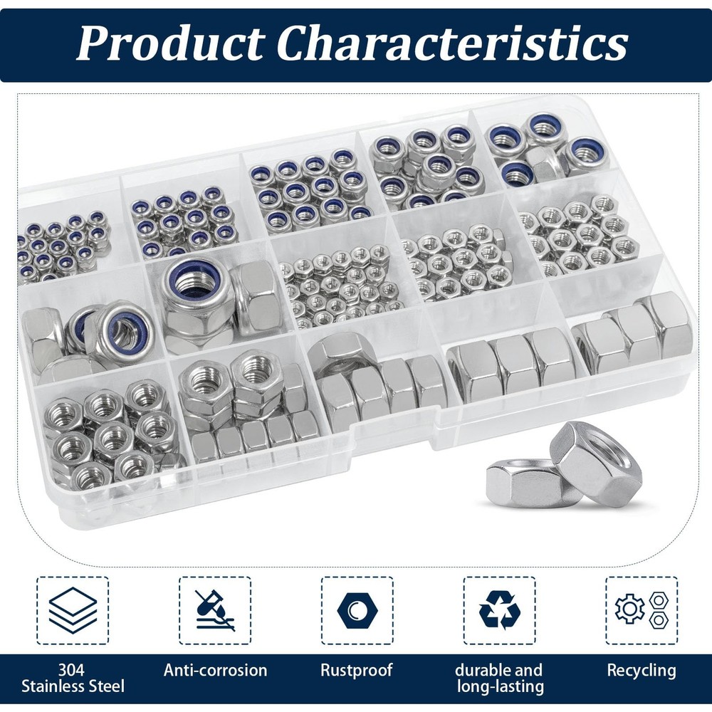 Vifmy Metric Hex Nuts&Locknuts Nuts and Locknuts,360 Pcs, Silver