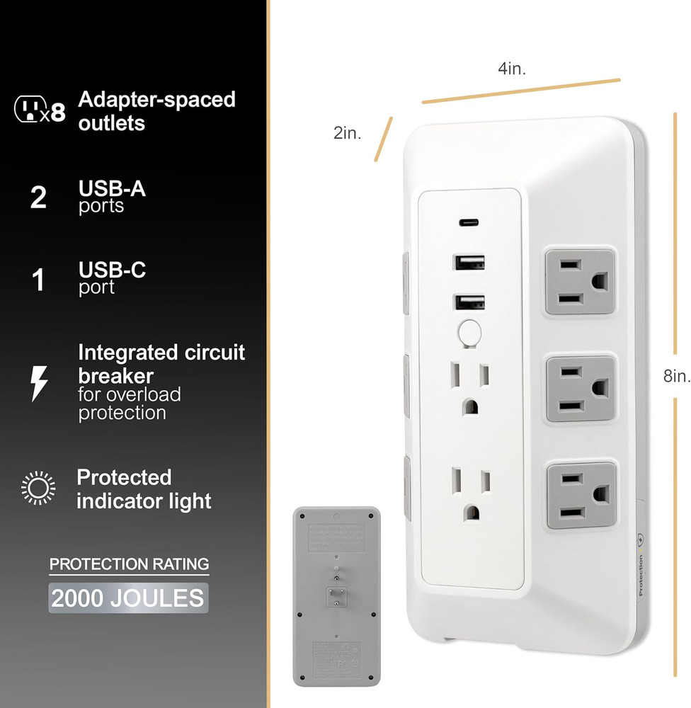 8-Outlet Sur Protector with USB, Outlet Extender, 2 USB-A, 1 USB-C, Adapter Spac