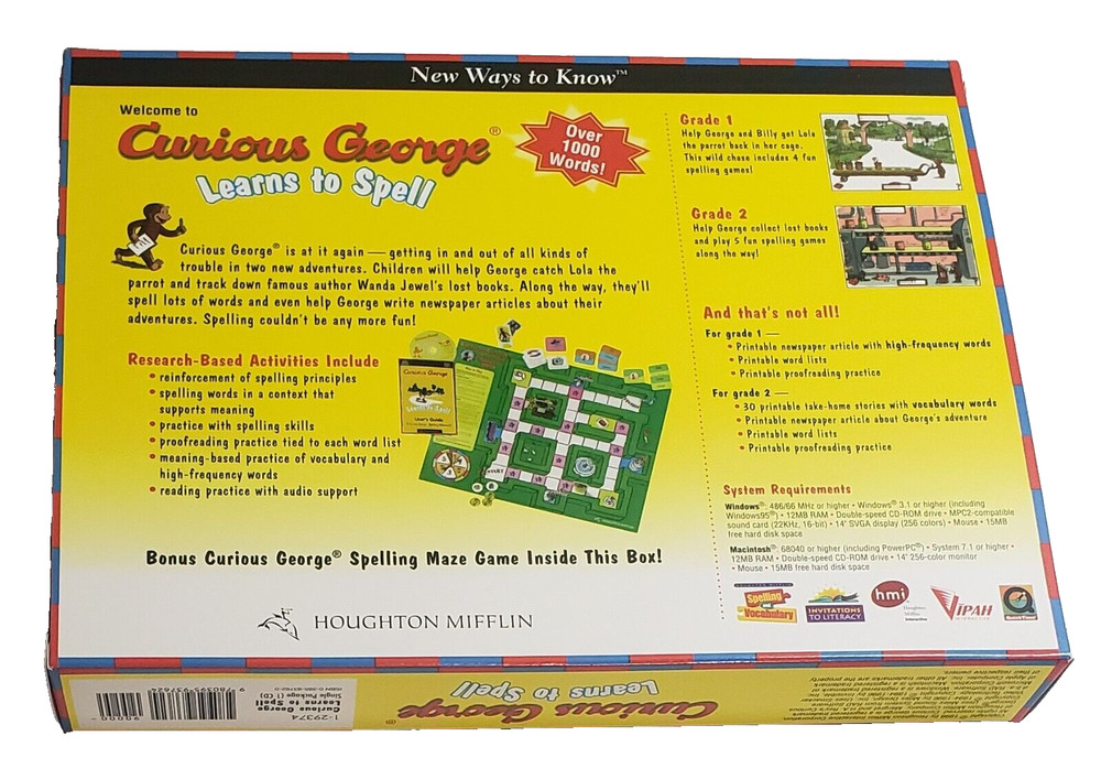 Curious George Learns to Spell CD-ROM PC Game, Board G. & User's Guide Win98 MAC