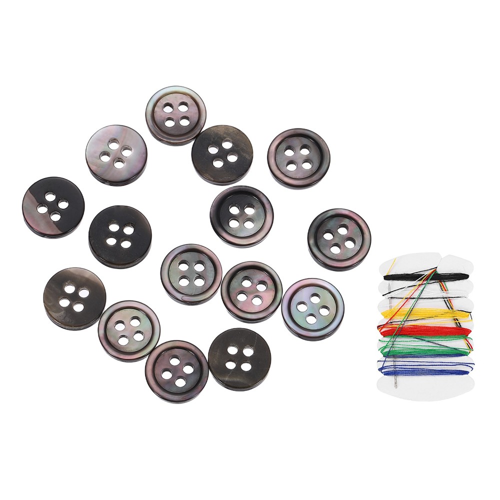 25Pcs 4 Hole 9mm Natural Shell Button with Sewing Thread Kit, Black