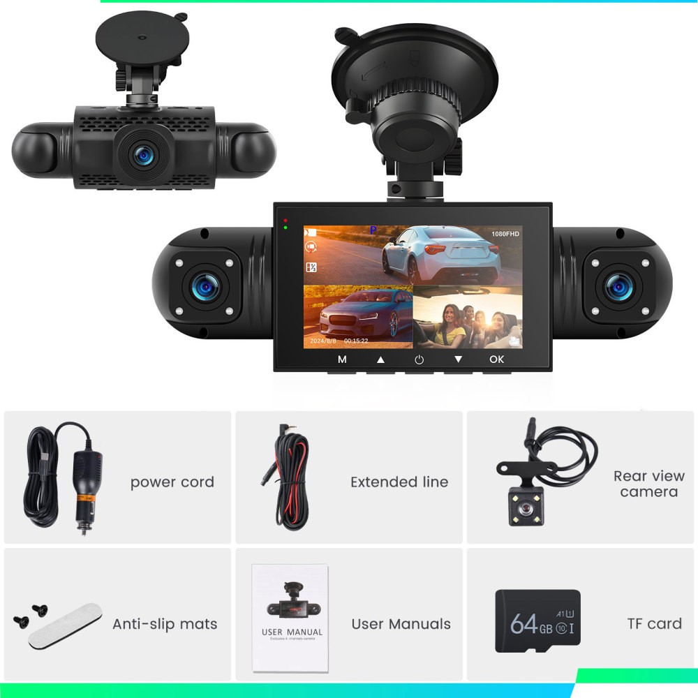 360 Degree View 4 Channel Dash Cam Front and Rear Inside Left Right, Dash Camera
