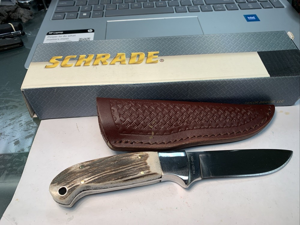 Schrade Custom Fixed Blade Knife with  STAG handle &Leather Embossed Sheath SHD1
